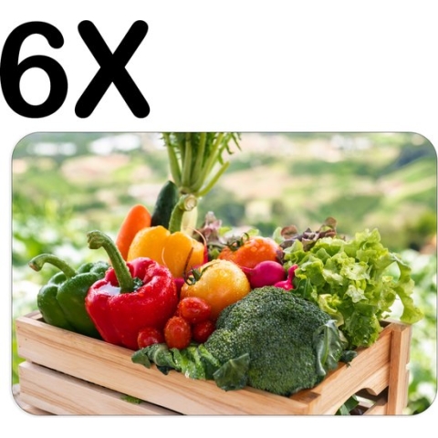 BWK Flexibele Placemat - Groente in een Houten Kistje - Set van 6 Placemats - 45x30 cm - PVC Doek - Afneembaar