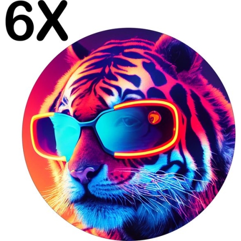BWK Luxe Ronde Placemat - Tijger met Zonnebril in Neon Kleuren - Set van 6 Placemats - 40x40 cm - 2 mm dik Vinyl - Anti Slip - Afneembaar