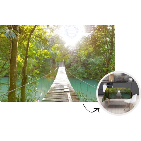 Tafelkleed - Tafellaken - 220x150 cm - Jungle - Water - Brug - Natuur - Planten - Binnen en Buiten