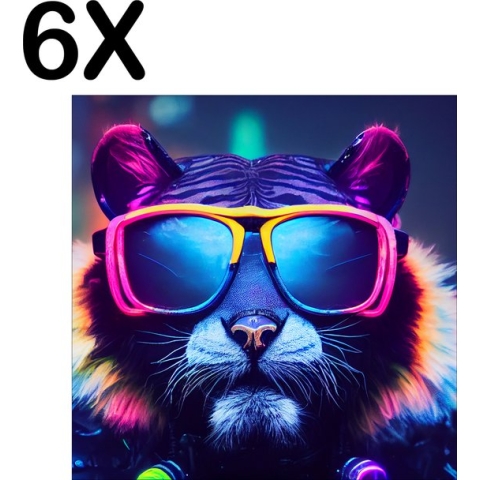 BWK Textiele Placemat - Kat - Poes met Zonnebril in Neon Kleuren - Set van 6 Placemats - 40x40 cm - Polyester Stof - Afneembaar