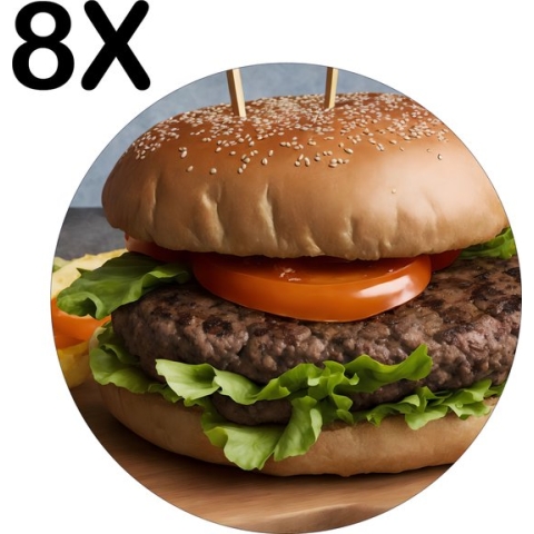 BWK Flexibele Ronde Placemat - Geserveerde Hamburger op Houten Plank - Set van 8 Placemats - 40x40 cm - PVC Doek - Afneembaar