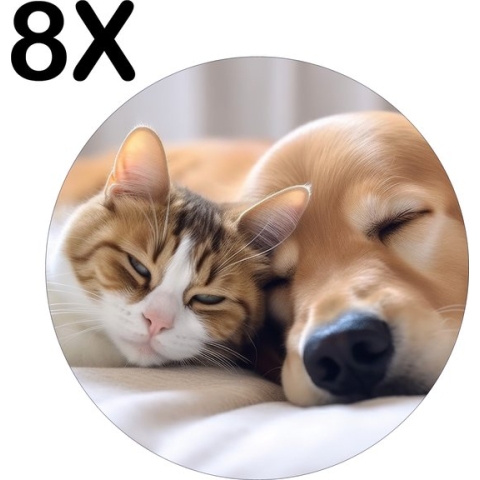 BWK Stevige Ronde Placemat - Schattige Hond en Kat - Poes - Set van 8 Placemats - 40x40 cm - 1 mm dik Polystyreen - Afneembaar