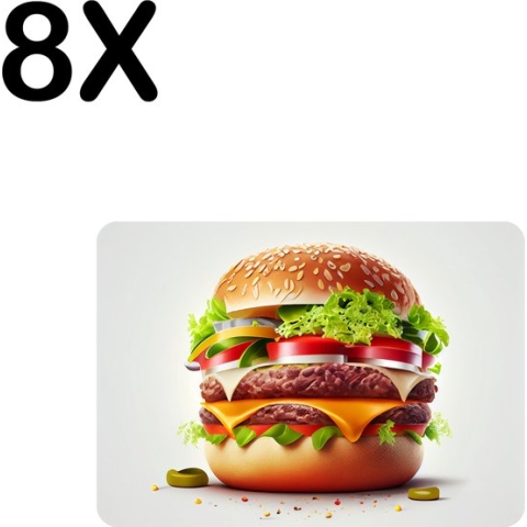 BWK Flexibele Placemat - Heerlijke Hamburger op Lichte Achtergrond - Set van 8 Placemats - 35x25 cm - PVC Doek - Afneembaar