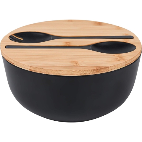 Slakom met Servers Set - Grote 9,8 inch mengkommen Massief Bamboe Salade Houten Kom met Bamboe Deksel Lepel voor Fruit, Salades en Decoratie (Zwart, 9,8 INCH)