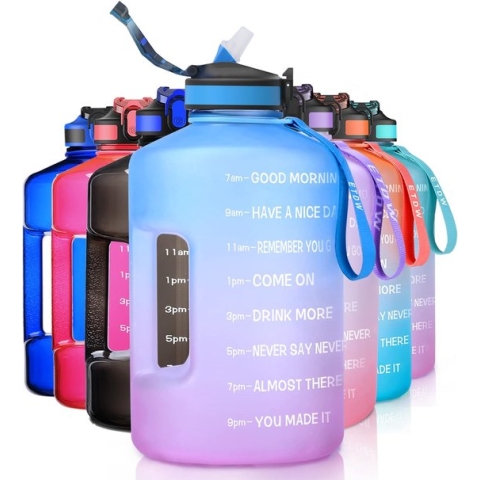 3,78 liter sportdrinkfles met tijden en rietjes, 3,78 liter grote sportfles BPA-vrij, autowatercontainer lekvrije sportfles