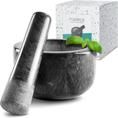 madeco Vijzel met stamper, marmer, diameter 14 cm, perfect geschikt voor specerijen, kruiden en noten, stenen vijzel set met praktische anti-slip pad, design marmervijzel en stamper, groot