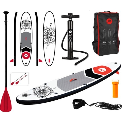 PURE4FUN SUP Board - Opblaasbaar Paddle Board - Complete Set - Met Pomp / Draagtas / Verstelbare Peddel / Enkelkoord / Reparatiekit - Max. 100KG - 305x71cm - Kompas