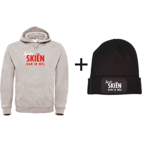 Set wintersport hoodie grijs L + muts - Après skiën kan ik wel - soBAD. | Foute apres ski outfit | kleding | verkleedkleren | wintersport beanie | wintersporttruien | wintersport dames en heren