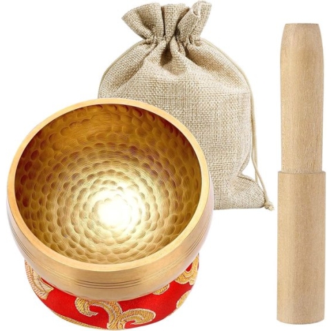 Tibetaanse klankschalenset, 8,5 cm, handwerk, genezing, meditatie, yoga, klankkom met houten lepel en klankschaalkussen, unieke cadeaus voor vrouwen en mannen