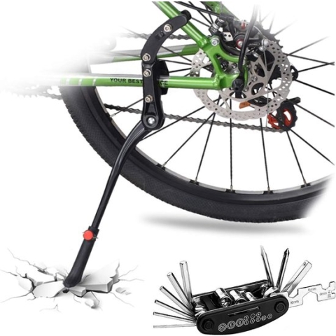 fietsstandaard, instelbaar, aluminiumlegering, anti-slip rubberen voet, zijstandaard voor fietsen maat 24 - 29 inch, mountainbikes, MTB en andere modellen, A