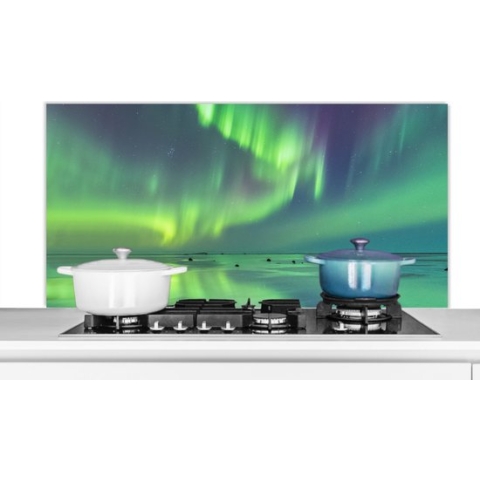 Spatscherm Keuken - Kookplaat Achterwand - Spatwand Fornuis - 120x60 cm - Noorderlicht - Sterrenhemel - Water - Aluminium - Wanddecoratie - Muurbeschermer - Hittebestendig