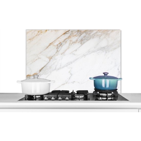 Spatscherm Keuken - Kookplaat Achterwand - Spatwand Fornuis - 90x60 cm - Marmer - Steen - Wit - Goud - Marmerlook - Steen - Luxe - Aluminium - Wanddecoratie - Muurbeschermer - Hittebestendig