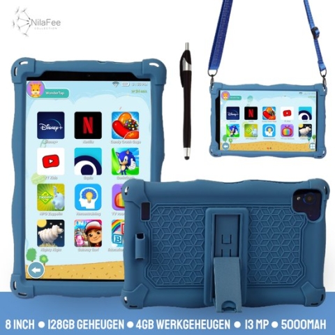 NilaFee® - Kindertablet vanaf 3 jaar - + iWawa en NL Apps - 128 GB + 4 GB (werk)geheugen - Snelle Octo Core - Ophangkoord Auto - Pen - Tablet Kinderen - Oudercontrole - Speelgoed vanaf 3 jaar - Blauw