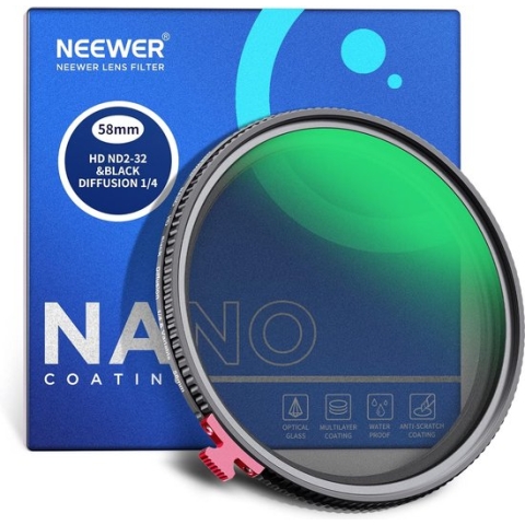 Neewer® - 58 mm zwart diffusie 1/4 en ND2-ND32 variabel ND-filter - Mistige dromerige filmische effecten, water-/kras-/stofbestendig - geen X-effect