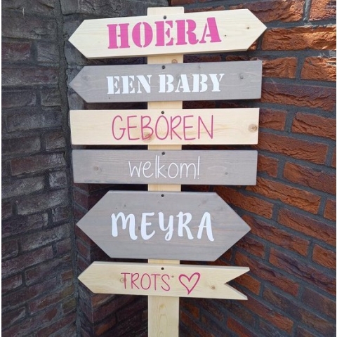 Geboortebord voor buiten |losse bordjes met paal| geboorte meisje (roze decoraties) of jongen (blauwe decoraties)|