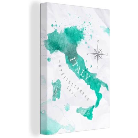 Canvas Wereldkaart - 80x120 - Wanddecoratie Italië - Wereldkaart - Turquoise
