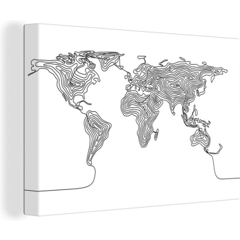 Canvas Wereldkaart - 120x80 - Wanddecoratie Wereldkaart - Zwart - Wit - Lijn
