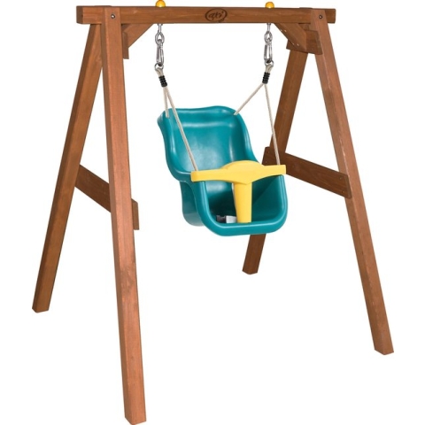 AXI Baby Schommel in Bruin met Zitje in Blauw/Geel - FSC hout - Babyschommel voor kindjes van 9-36 maanden - Met 4 grondankers