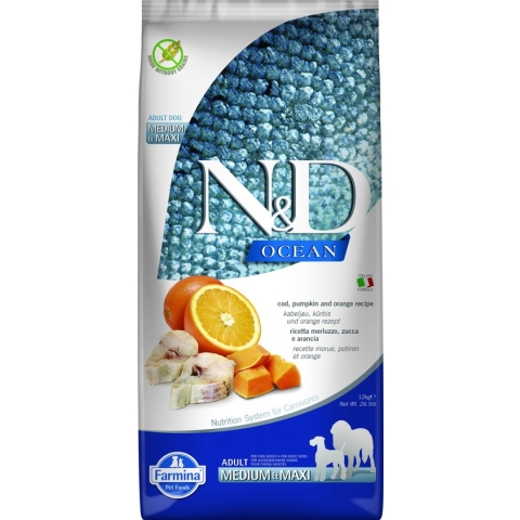 N&D Ocean hondenvoeding Kabeljauw met Pompoen medium/maxi 12 kg.