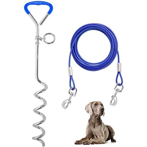Hondenlijn Met Grondpen - Grondpen Hend - Aanleglijn Hond - Grondpin hond - Aanlegspiraal Hond - Blauw
