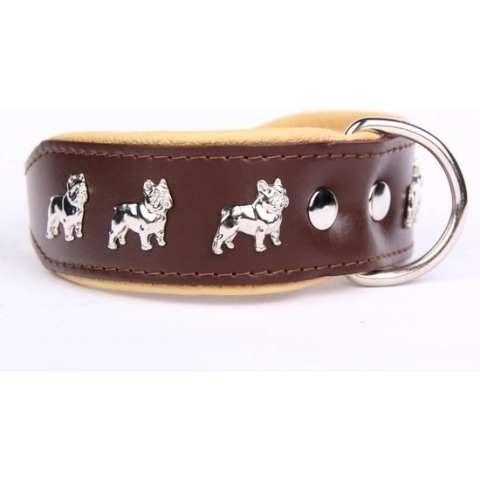 Dog's Companion - Leren halsband Franse Bulldog - Lengte: 50cm (40-47cmx40 mm), Kleur: Bruin / Naturel
