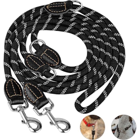 Hondenriem, dubbele riem voor grote honden, verstelbare hondenriem met premium versterking voor middelgrote en middelgrote honden, halsriem, nylon, dubbele riem met 2 karabijnhaken, 3 m 1 (lengte) x 14 mm, zwart
