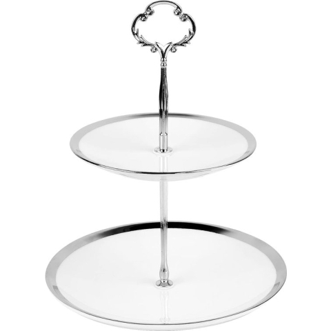 Etagère van porselein, 2 etagère, fruitetagère, taartstandaard, serveerstandaard, ontbijtbuffetplaat, 24,5 cm, moderne taartetagère, cupcake, keukenstandaard, feestdecoratie voor dessert, snacks, fruit, verjaardag, zilver