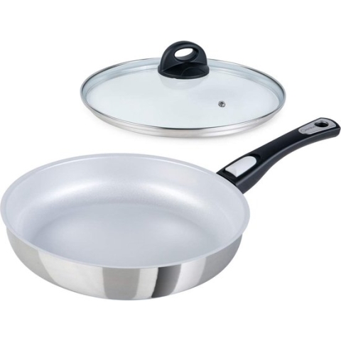 Cerafit Stalen Koekenpan 28 cm + Glazen Deksel - Ovenbestendige Keramische Pan met Krasbestendige Anti-aanbaklaag Inductiepan met Afneembaar Handvat voor Alle Kookplaten