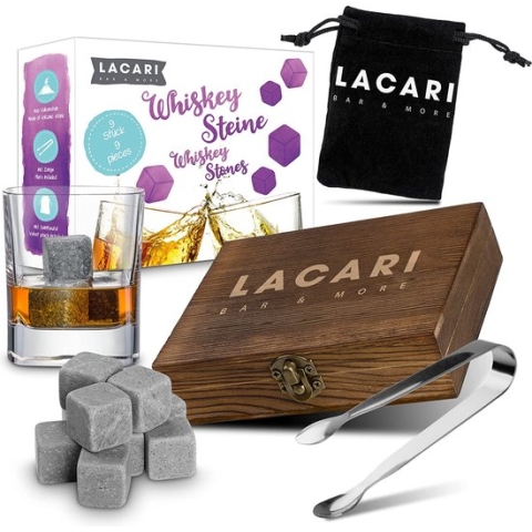 LACARI Whisky Stenen Set | [9x] Herbruikbare ijsblokjes | Whisky geschenk set met houten doos, Tang & stoffen zakje | E-Book Gift | geen verwateren van Whisky, Rum, Gin | Cadeau Verjaardag