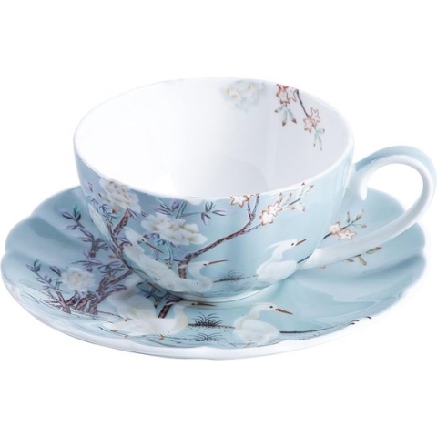 8 Ounce Koffiekopje met Schotel, Gekleurde Bloemen, Witte Kraan Porseleinen Theekopje en Schotel