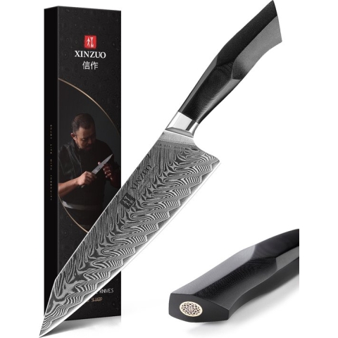 Damascus 8" Koksmes (67 lagen) | Xinzuo B32 | Luxe & Professioneel | Vlijmscherp Damascus staal | Keukenmes met lemmet van 21.5 cm | G10 Handvat met klinknagel mozaïek