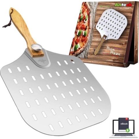 Geperforeerde pizzaschep - Schep van dik aluminium en afneembaar houten handvat - Ontworpen voor het lekkerste pizzabrood en focaccia