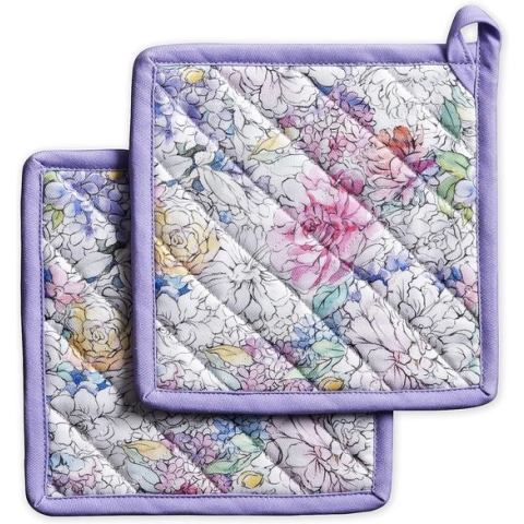 Pannenlappen, 100% katoen, set van 2 (20 cm x 20 cm) hotpads, hittebestendig, met strik-pannenhouder voor moederdagcadeau, bakken, grillen, thuis, Floral Love - lente/zomer