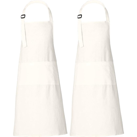 Katoenen keukenschort, verstelbaar schort voor dames en heren, kelnerschorten met 3 zakken, voor hotel, café en restaurant, 69 x 89 cm, off-white, 69x89 cm