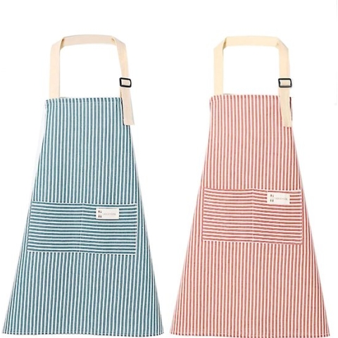 van 2 Kookschorten Keukenschort Dames Katoenen Verstelbaar Schort met Lange Banden Kookschort met Verstelbare Nekband voor Koken, Bakken, Huishoudelijk werk, voor Mannen en Vrouwen, blauw