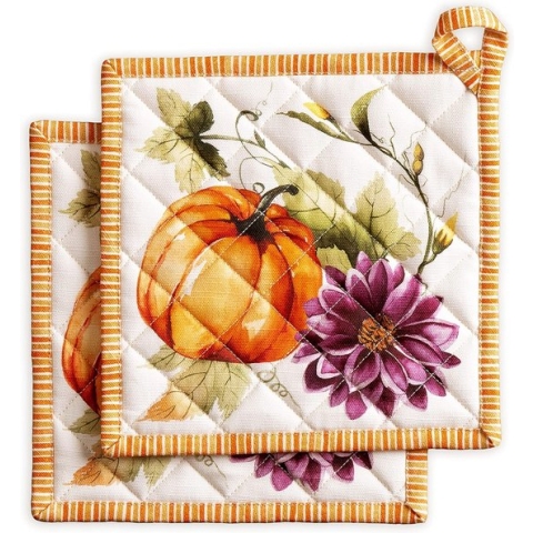 Hot Pads Set met 2 pannenlappen van 100% catoen (20 cm x 20 cm) pannenlappen voor moederdagcadeaus BBQ pompoentuin - Cloudy Cream - Thanksgiving / Kerstmis