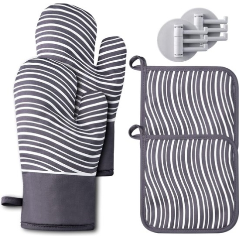 Ovenhandschoenen, antislip ovenhandschoenen, set van 4, hittebestendige bakhandschoenen, siliconen kookhandschoenen met antislip siliconenpatroon, voor koken, bakken, oven (zwart)