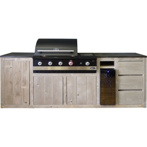Outside Meubelen | Buitenkeuken - Malang | Boretti Ibrido Top BBQ | Wijnkoeler | Natuursteen blad | Steigerhout | Tuinmeubelen