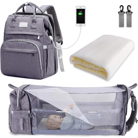 luiertas-rugzak, luiertas met grote capaciteit, draagbare reisluiertas met opvouwbaar bed, babybedrugzak (Grijs)