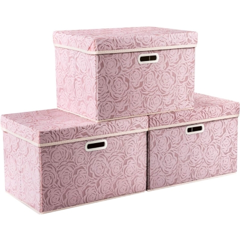 Prandom Grotere Opvouwbare Opbergdozen met Deksels Stof Decoratieve Opbergbakken Blokjes Organizer Containers Manden met Handgrepen Divider voor Slaapkamer Kast Woonkamer Roze 17.7x11.8x11.8 Inch 3 Pack