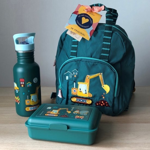 Klein Graafmachine / bouwplaats kinder peuter rugzakje (25 x 20 cm), lunchbox en grote RVS drinkfles / drinkbeker - Die spiegelburg serie Later als ik groot ben ...