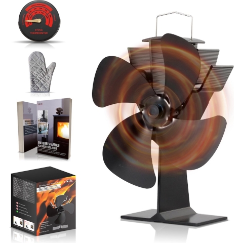 LotaHome - Kachelventilator - Houtkachelventilator - Ecofan - COMBI DEAL - Inclusief Thermometer, Kachelhandschoen en E-book - Warmte aangedreven ventilator voor houtkachels, pelletkachels, gaskachels en speksteenkachels - Kerst Cadeau