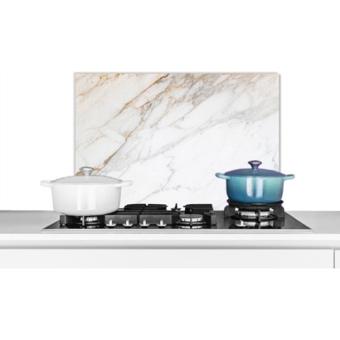 Spatscherm Keuken - Kookplaat Achterwand - Spatwand Fornuis - 70x50 cm - Marmer - Steen - Wit - Goud - Marmerlook - Steen - Luxe - Aluminium - Wanddecoratie - Muurbeschermer - Hittebestendig