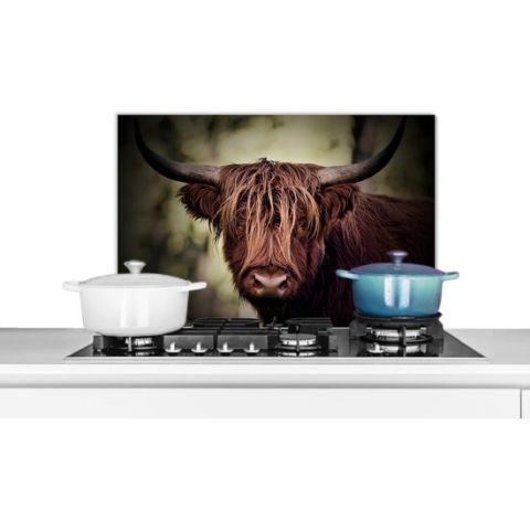 Spatscherm Keuken - Kookplaat Achterwand - Spatwand Fornuis - 60x40 cm - Schotse hooglander - Licht - Portret - Natuur - Aluminium - Wanddecoratie - Muurbeschermer - Hittebestendig