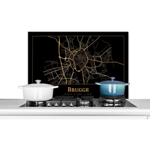 Spatscherm Keuken - Kookplaat Achterwand - Spatwand Fornuis - 90x60 cm - Kaart - Brugge - Simpel - Goud - Zwart - Aluminium - Wanddecoratie - Muurbeschermer - Hittebestendig