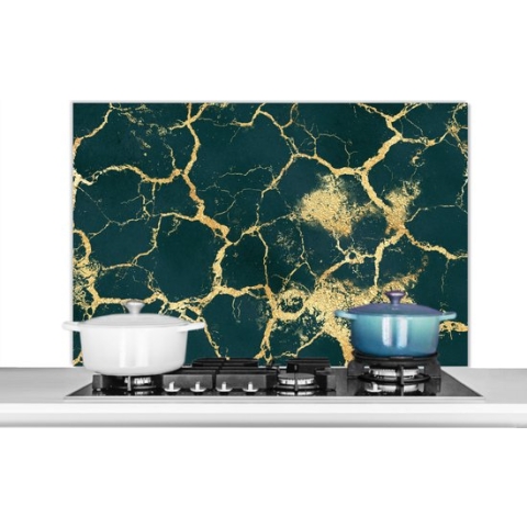 Spatscherm Keuken - Kookplaat Achterwand - Spatwand Fornuis - 100x65 cm - Marmer - Groen - Goud - Aluminium - Wanddecoratie - Muurbeschermer - Hittebestendig