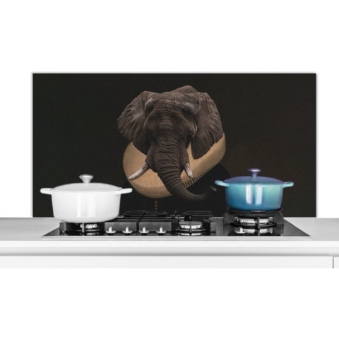 Spatscherm Keuken - Kookplaat Achterwand - Spatwand Fornuis - 120x60 cm - Olifant - Kunst - Dierenkop - Aluminium - Wanddecoratie - Muurbeschermer - Hittebestendig