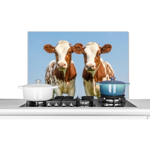 Spatscherm Keuken - Kookplaat Achterwand - Spatwand Fornuis - 90x60 cm - Koeien - Lucht - Dieren - Boerderij - Portret - Aluminium - Wanddecoratie - Muurbeschermer - Hittebestendig
