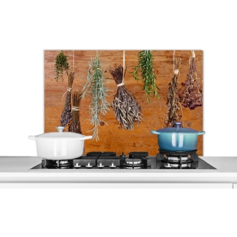 Spatscherm Keuken - Kookplaat Achterwand - Spatwand Fornuis - 90x60 cm - Gedroogde kruiden - Aluminium - Wanddecoratie - Muurbeschermer - Hittebestendig