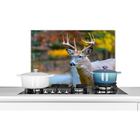 Spatscherm Keuken - Kookplaat Achterwand - Spatwand Fornuis - 60x40 cm - Dierenkop - Hert - Water - Aluminium - Wanddecoratie - Muurbeschermer - Hittebestendig